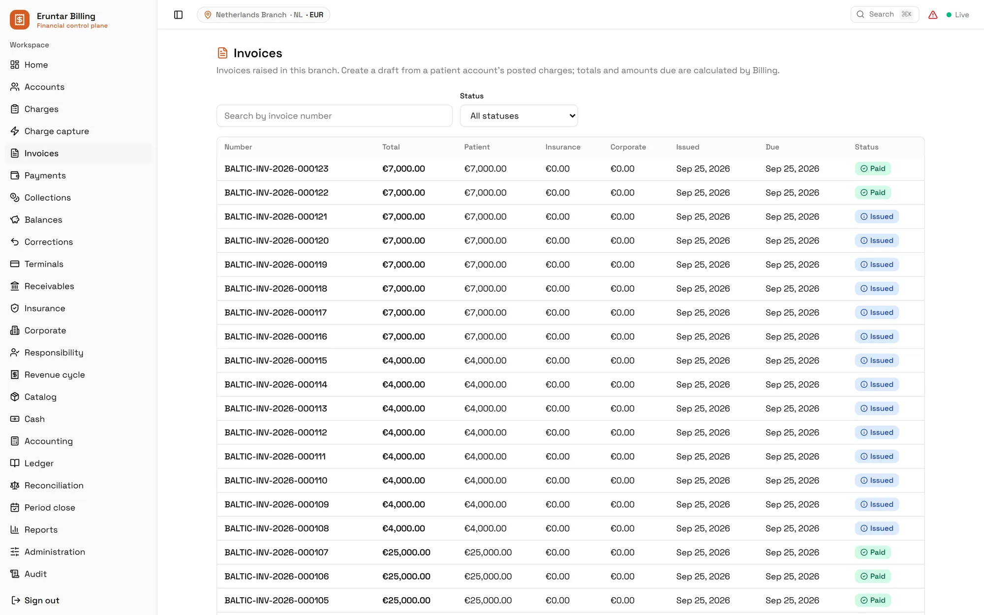 The invoices screen in the Eruntar Billing Module: invoices for a branch with their totals split between patient, insurance and corporate shares, the dates issued and due, and a status of paid or issued.