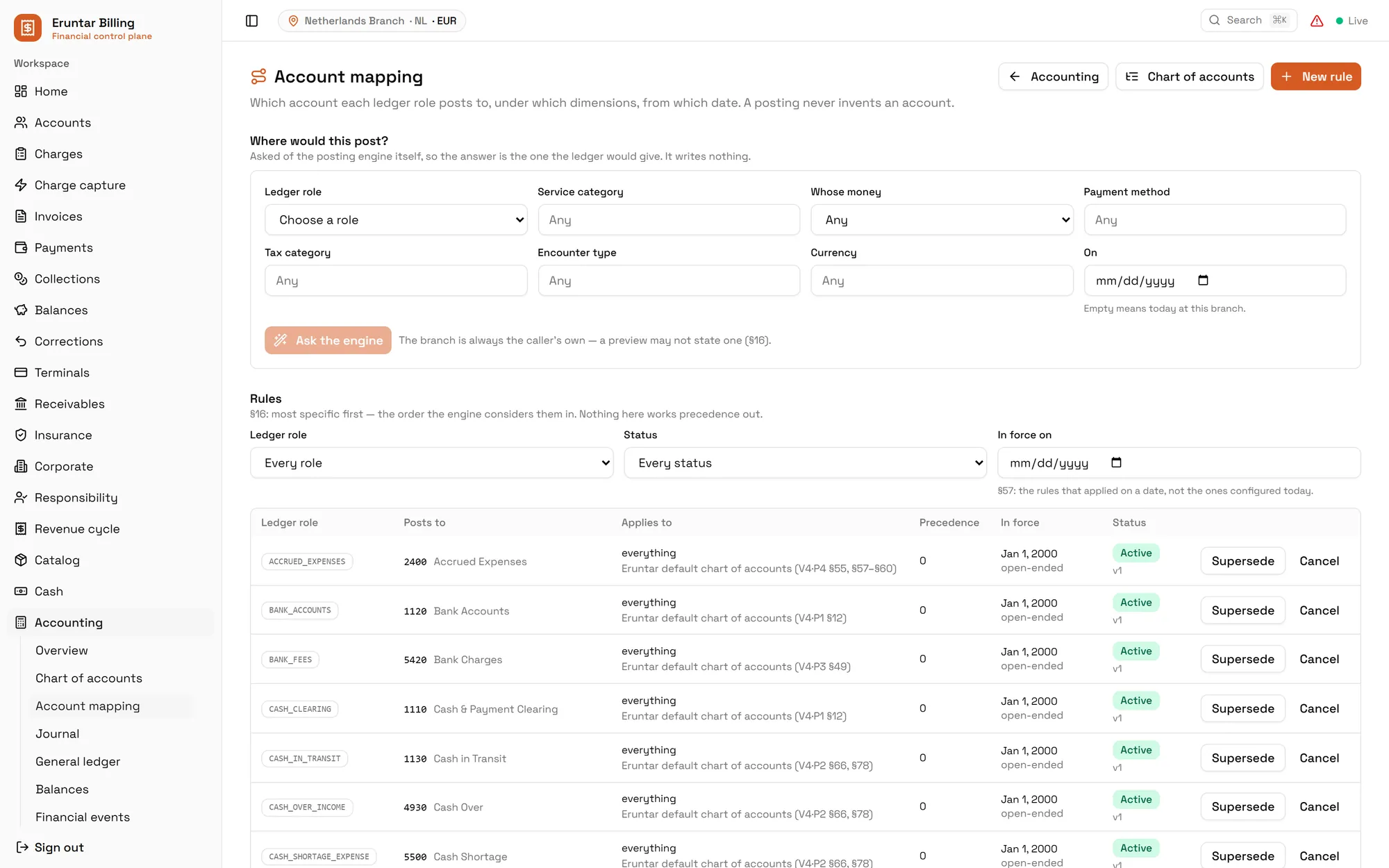 Eruntar Billing Module の勘定マッピング画面。転記エンジンに転記の行き先を尋ねるフォームと、その下に、銀行口座、受け渡し中の現金、銀行手数料などの各元帳ロールを勘定科目表の勘定に対応づける有効なルールが表示されています。