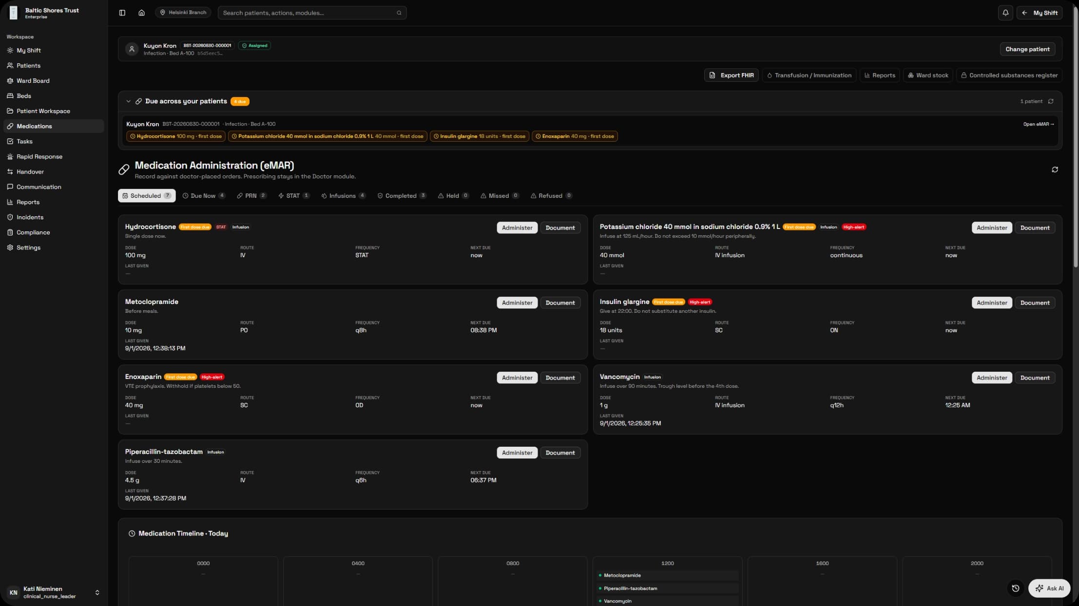 The Medication Administration Record (eMAR) screen in the Eruntar Nurse Module, where a nurse gives and signs for a patient's doses. It lists the doctor-placed orders for one ward patient, sorted into tabs for Scheduled, Due Now, PRN, STAT, Infusions and Completed. Each order card shows the dose, route, frequency and next due time, with red high-alert badges on the enoxaparin, insulin glargine and potassium chloride orders, and a STAT badge on the hydrocortisone. A timeline underneath plots the doses already given this shift.
