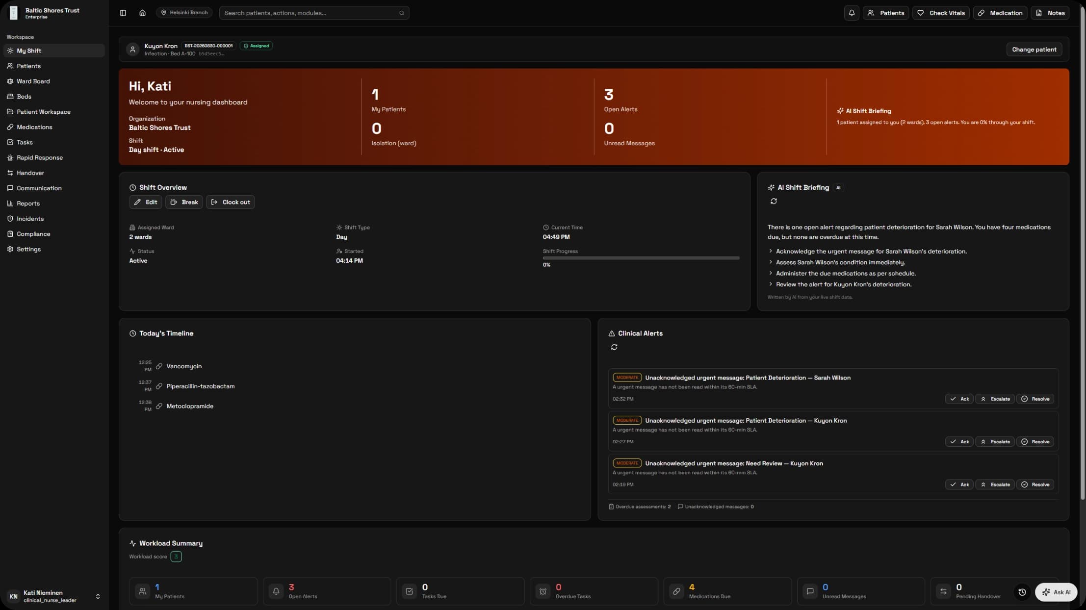 The shift dashboard in the Eruntar Nurse Module, showing the nurse's own patients, open alerts, medicines due and what happened so far this shift.