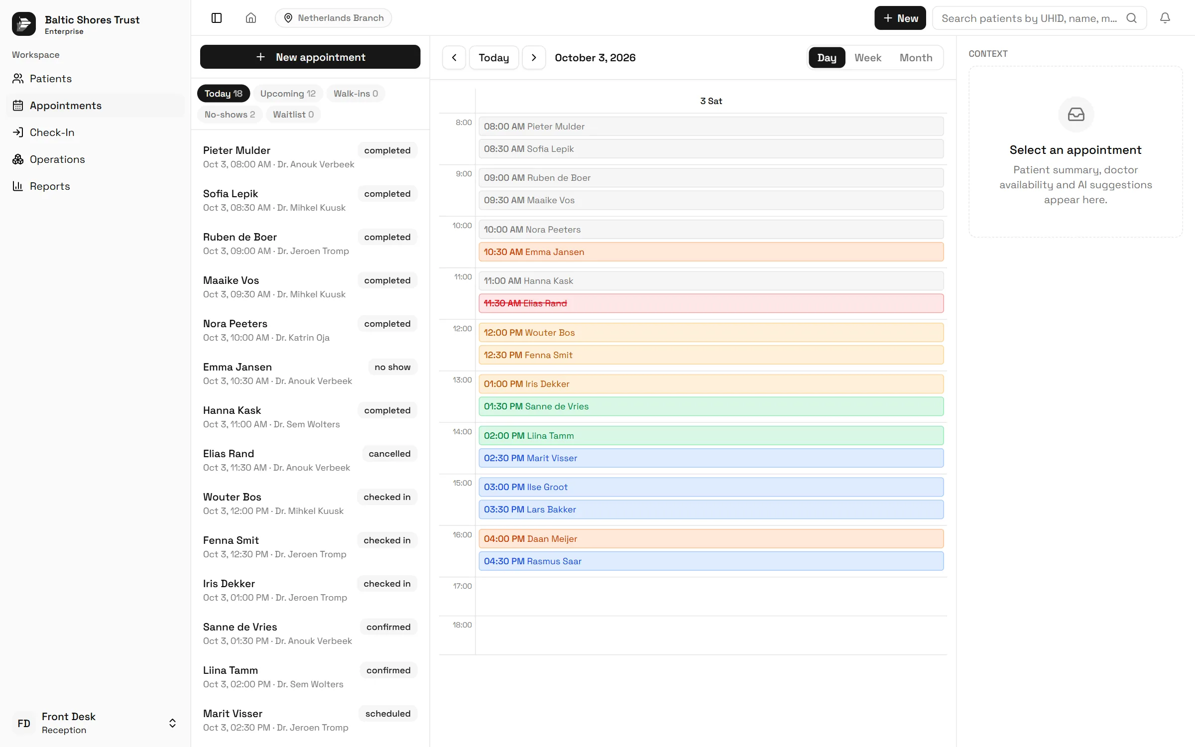 La vue du jour de l'agenda de rendez-vous dans l'Eruntar Reception Module : les rendez-vous de la journée par blocs d'une demi-heure, colorés selon le statut, avec à côté la liste des rendez-vous du jour et de leurs médecins.