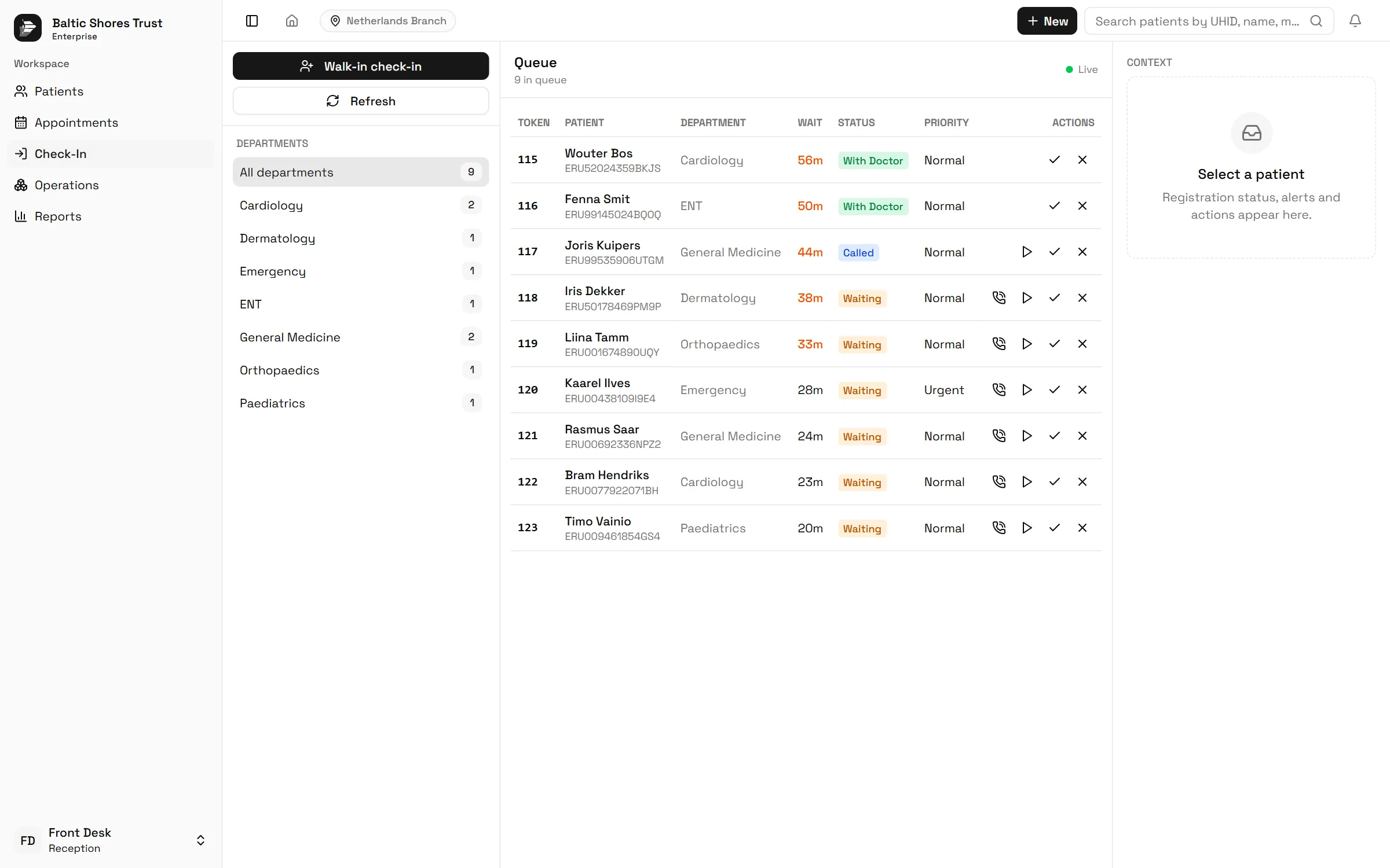 The queue board in the Eruntar Reception Module: a live list of tokens with the patient, department, minutes waited, status and priority for each, department filters on the left and a call, check and cancel action on every row.